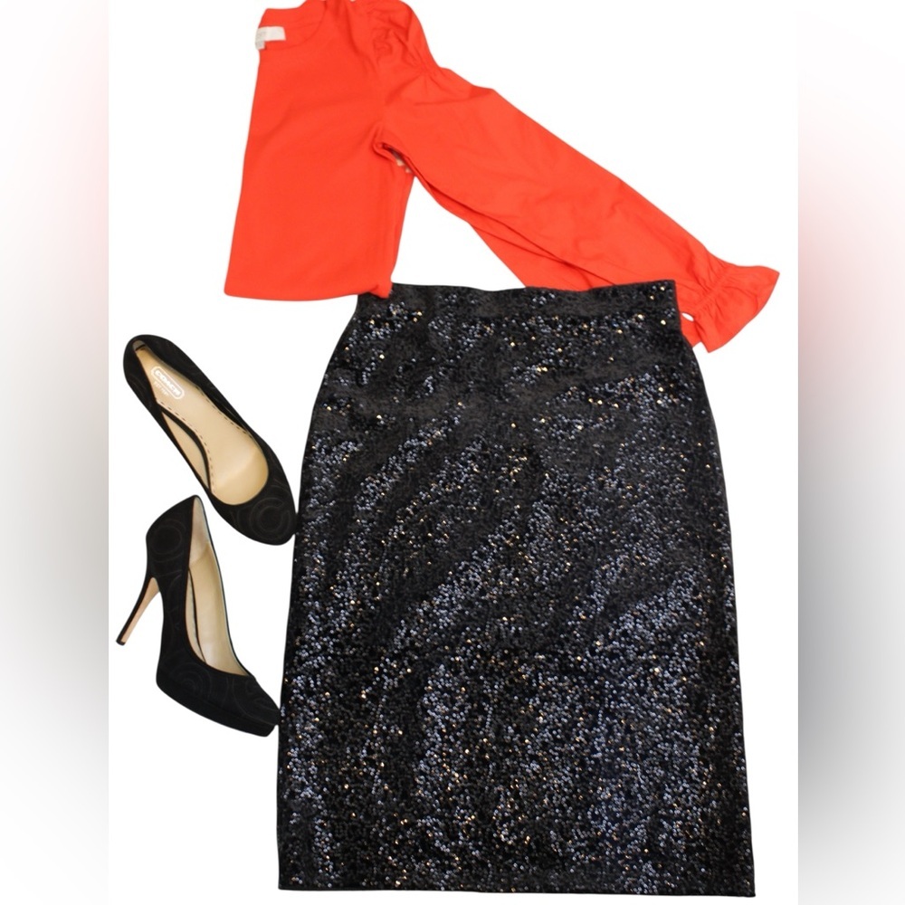 NWT Elegant Chic Black Knee-Length Sequin Pull-On Pencil Women’s Skirt Sz 8/38 - Picture 3 of 11